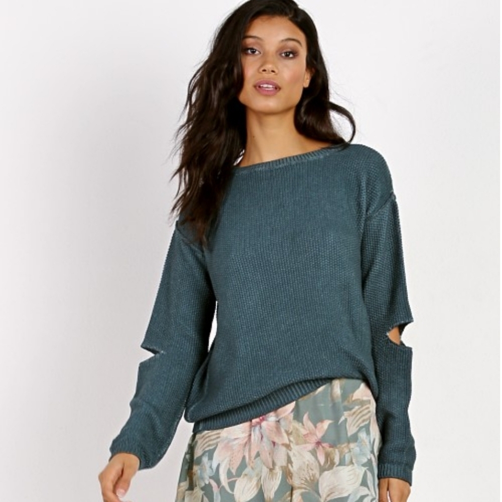 Nation Ltd Over Dyed 100% Cotton Cold Elbow Slouchy Blue Sweater Size Large